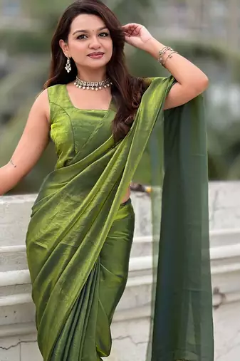 Lime green shimmer satin tissue saree with golden tassels