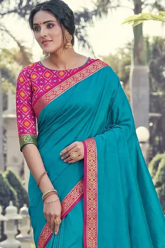 sky blue soft silk blend saree for women with rani pink blouse festive party wedding ethnic wear