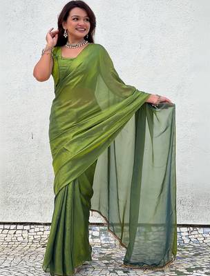 Lime green shimmer satin tissue saree with golden tassels 5