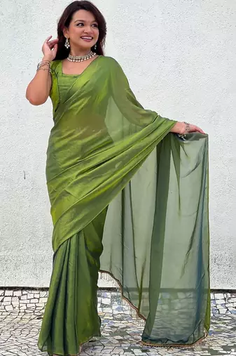 Lime green shimmer satin tissue saree with golden tassels