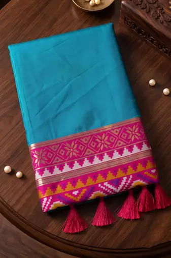 sky blue soft silk blend saree for women with rani pink blouse festive party wedding ethnic wear