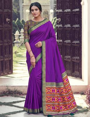 purple soft silk blend saree for women with olive green blouse festive ethnic traditional wear 1