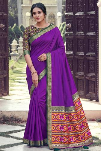purple soft silk blend saree for women with olive green blouse festive ethnic traditional wear