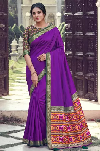 purple soft silk blend saree for women with olive green blouse festive ethnic traditional wear
