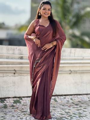 Maroon brown shimmer satin tissue saree with golden tassels 1