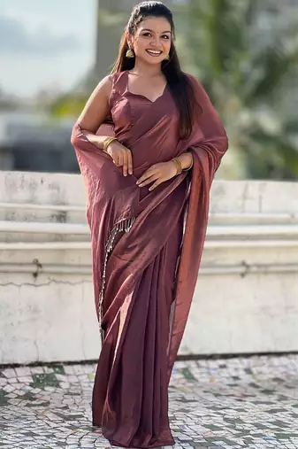 Maroon brown shimmer satin tissue saree with golden tassels