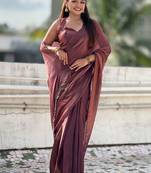 Maroon brown shimmer satin tissue saree with golden tassels