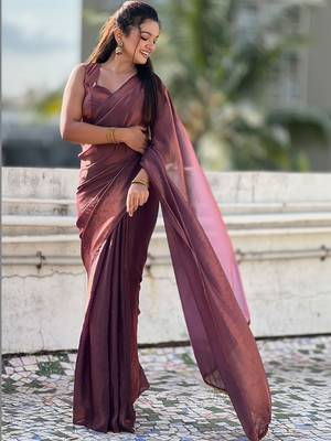 Maroon brown shimmer satin tissue saree with golden tassels 2