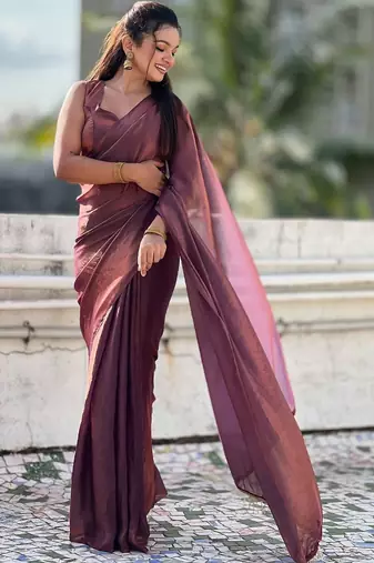 Maroon brown shimmer satin tissue saree with golden tassels