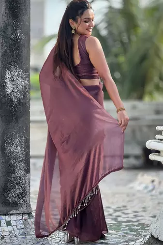 Maroon brown shimmer satin tissue saree with golden tassels