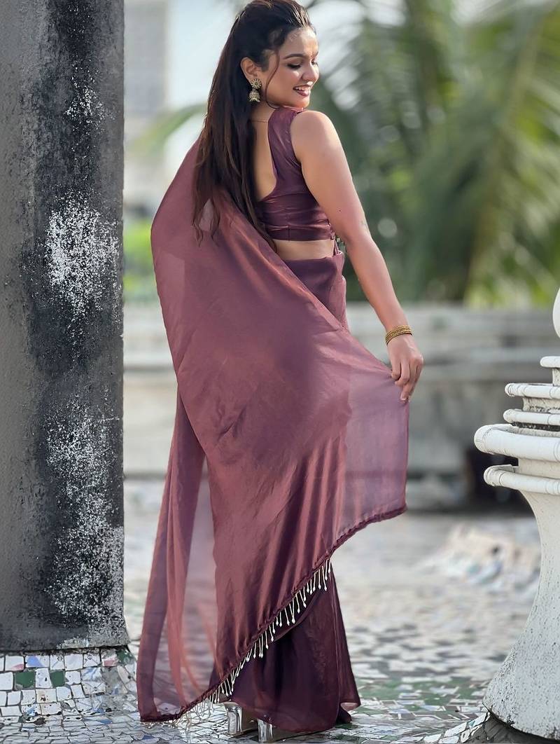 Maroon brown shimmer satin tissue saree with golden tassels