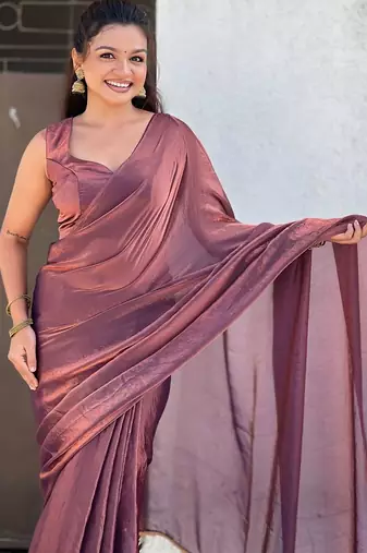 Maroon brown shimmer satin tissue saree with golden tassels
