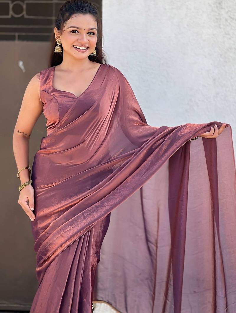 Maroon brown shimmer satin tissue saree with golden tassels