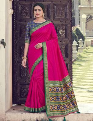 rani pink soft silk blend saree for women with navy blue blouse festive party wedding saree 1