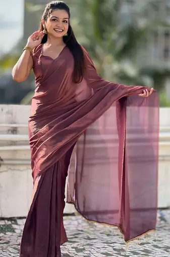 Maroon brown shimmer satin tissue saree with golden tassels