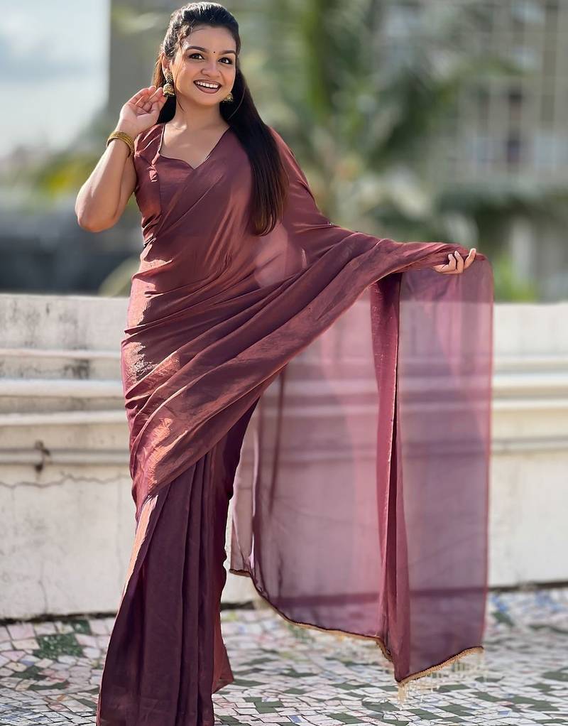 Maroon brown shimmer satin tissue saree with golden tassels