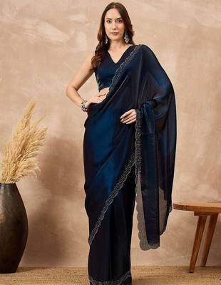 Blue beads and stones satin saree 1