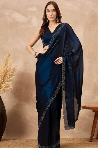 Blue beads and stones satin saree