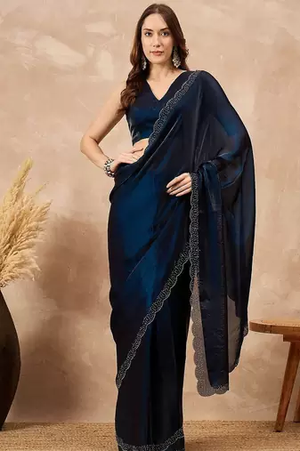 Blue beads and stones satin saree