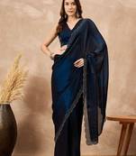 Blue beads and stones satin saree