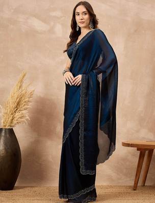 Blue beads and stones satin saree 2