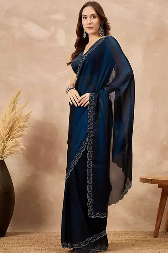 Blue beads and stones satin saree