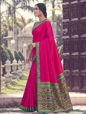 rani pink soft silk blend saree for women with navy blue blouse festive party wedding saree 3