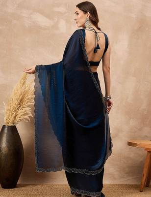 Blue beads and stones satin saree 3