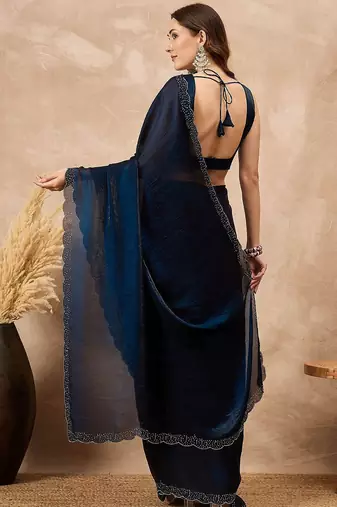 Blue beads and stones satin saree