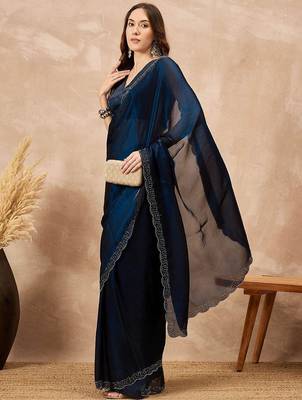 Blue beads and stones satin saree 4