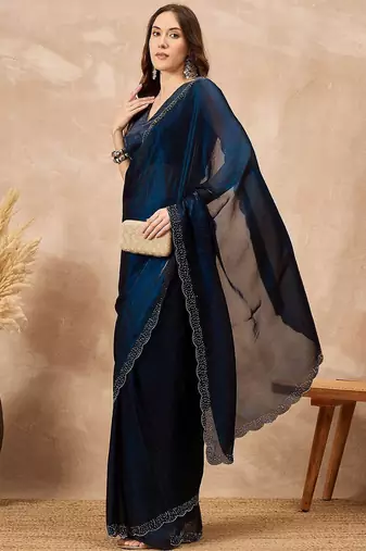 Blue beads and stones satin saree
