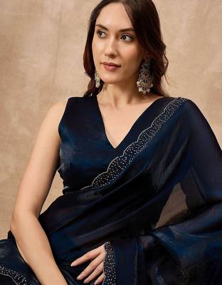 Blue beads and stones satin saree 5