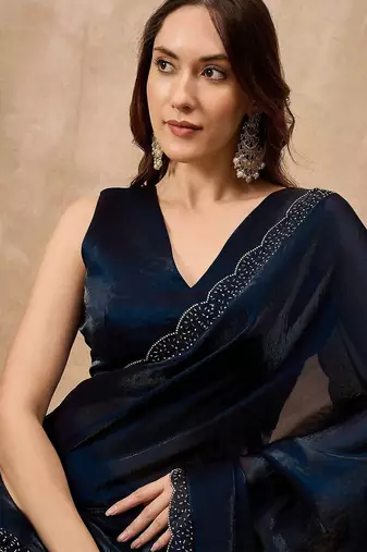 Blue beads and stones satin saree