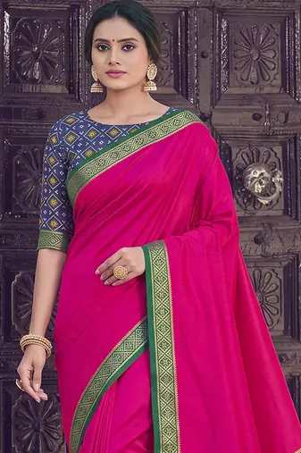 rani pink soft silk blend saree for women with navy blue blouse festive party wedding saree