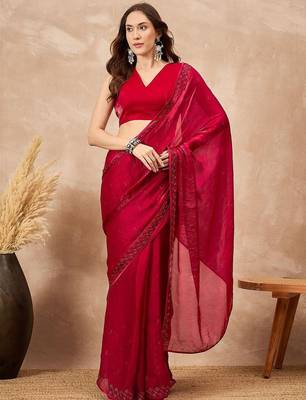 Red ethnic motifs satin saree 1