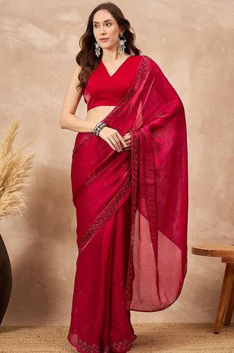 Red ethnic motifs satin saree