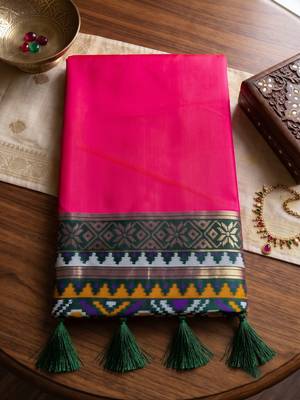 rani pink soft silk blend saree for women with navy blue blouse festive party wedding saree 5