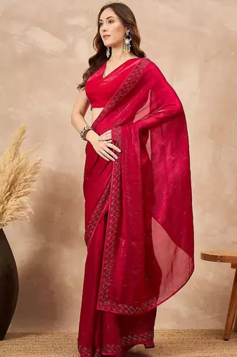 Red ethnic motifs satin saree