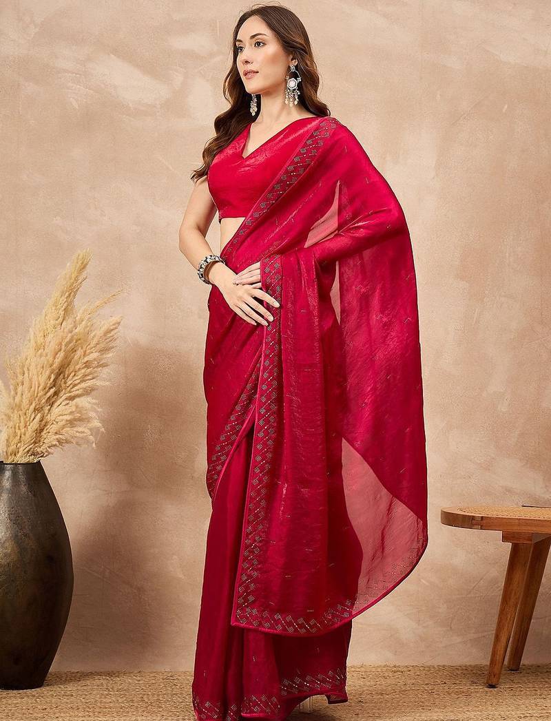 Red ethnic motifs satin saree