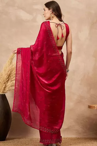 Red ethnic motifs satin saree