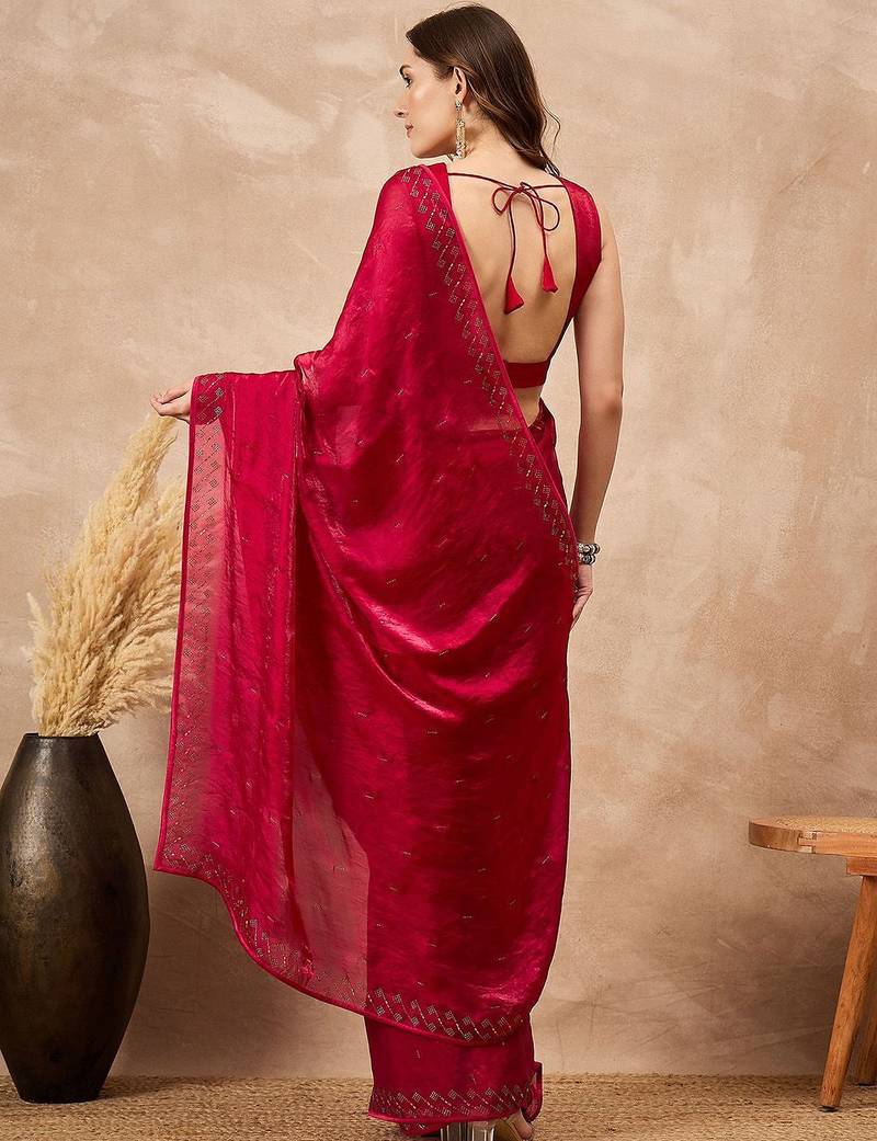 Red ethnic motifs satin saree