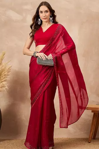 Red ethnic motifs satin saree