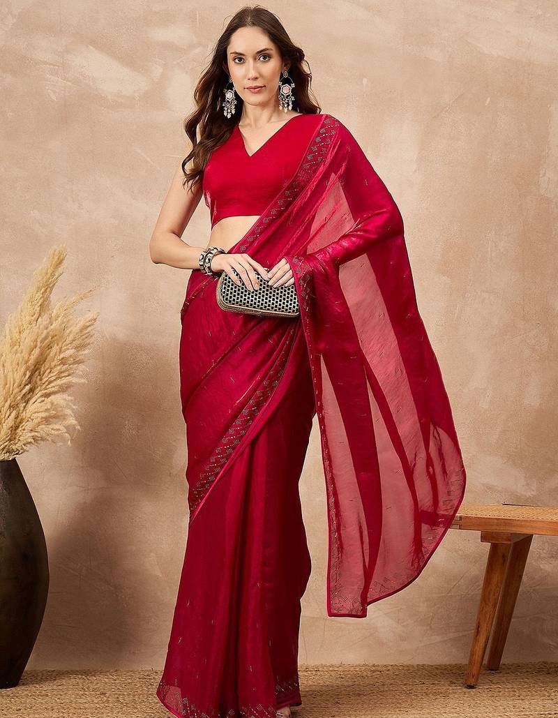 Red ethnic motifs satin saree
