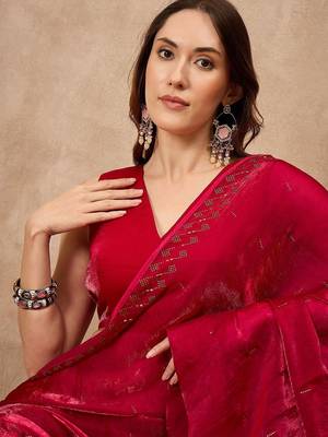 Red ethnic motifs satin saree 5