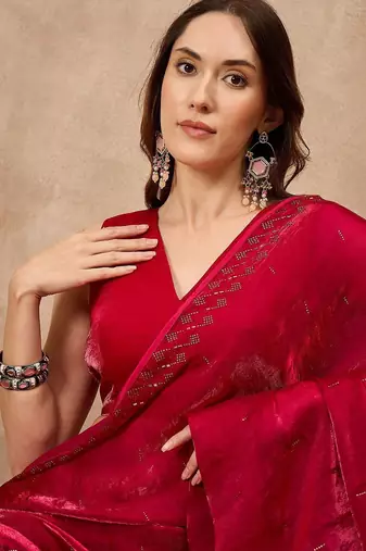 Red ethnic motifs satin saree