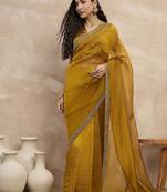 Mustard embellished beads and stones border saree