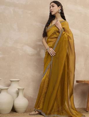 Mustard embellished beads and stones border saree 4