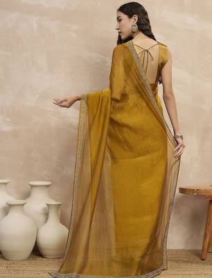 Mustard embellished beads and stones border saree 5
