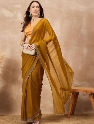 Mustard beads and stones satin saree 1
