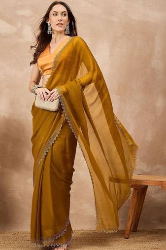 Mustard beads and stones satin saree